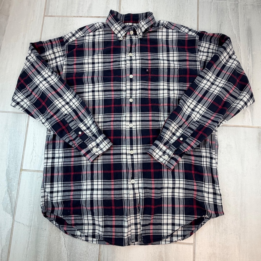 Ralph Lauren Jeans Co Mens Large Plaid Flannel Button Down Shirt Navy Red White